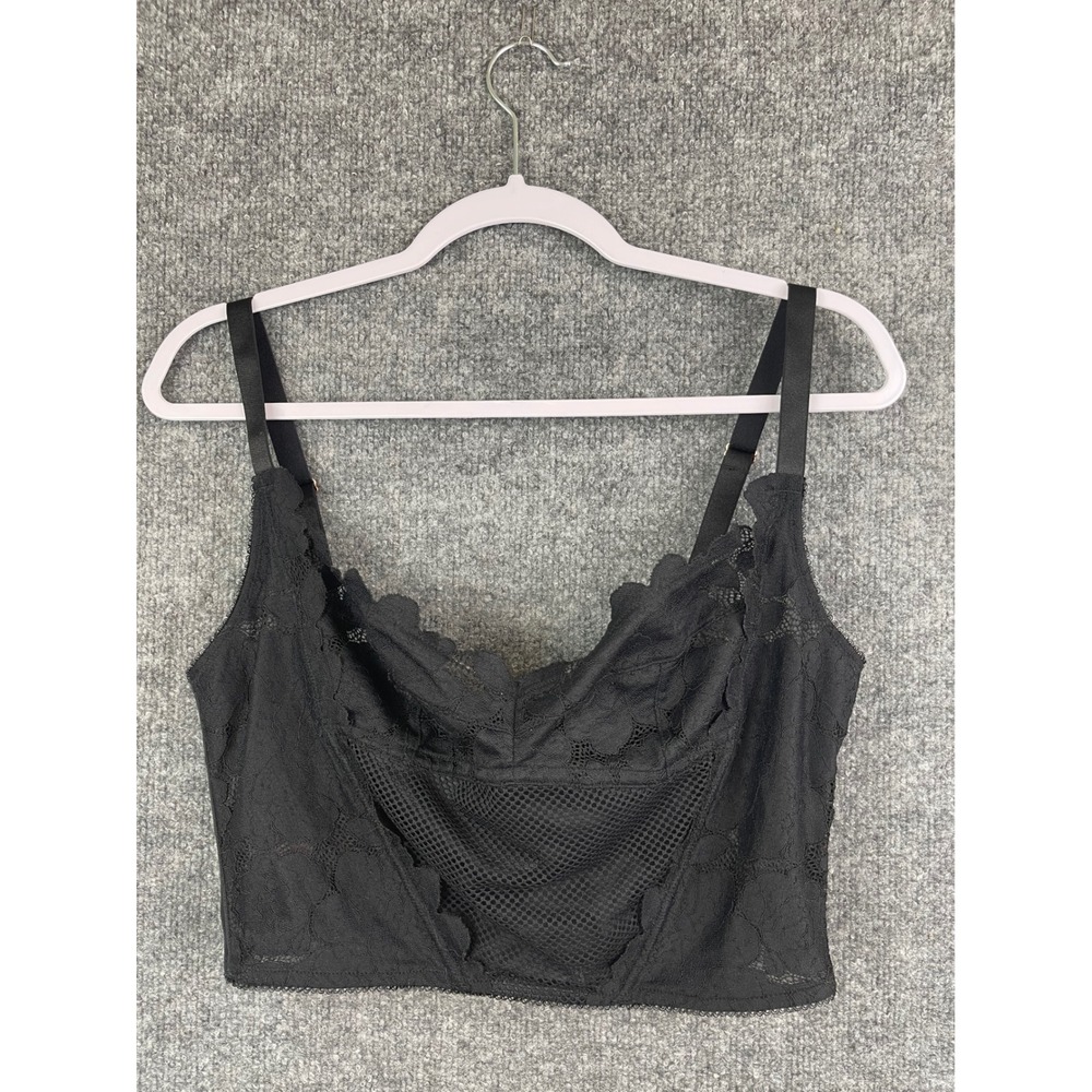 Savage&Fenty Lace Corset Crop Top Women L Black Mesh Bustier Bralette Adjustable
